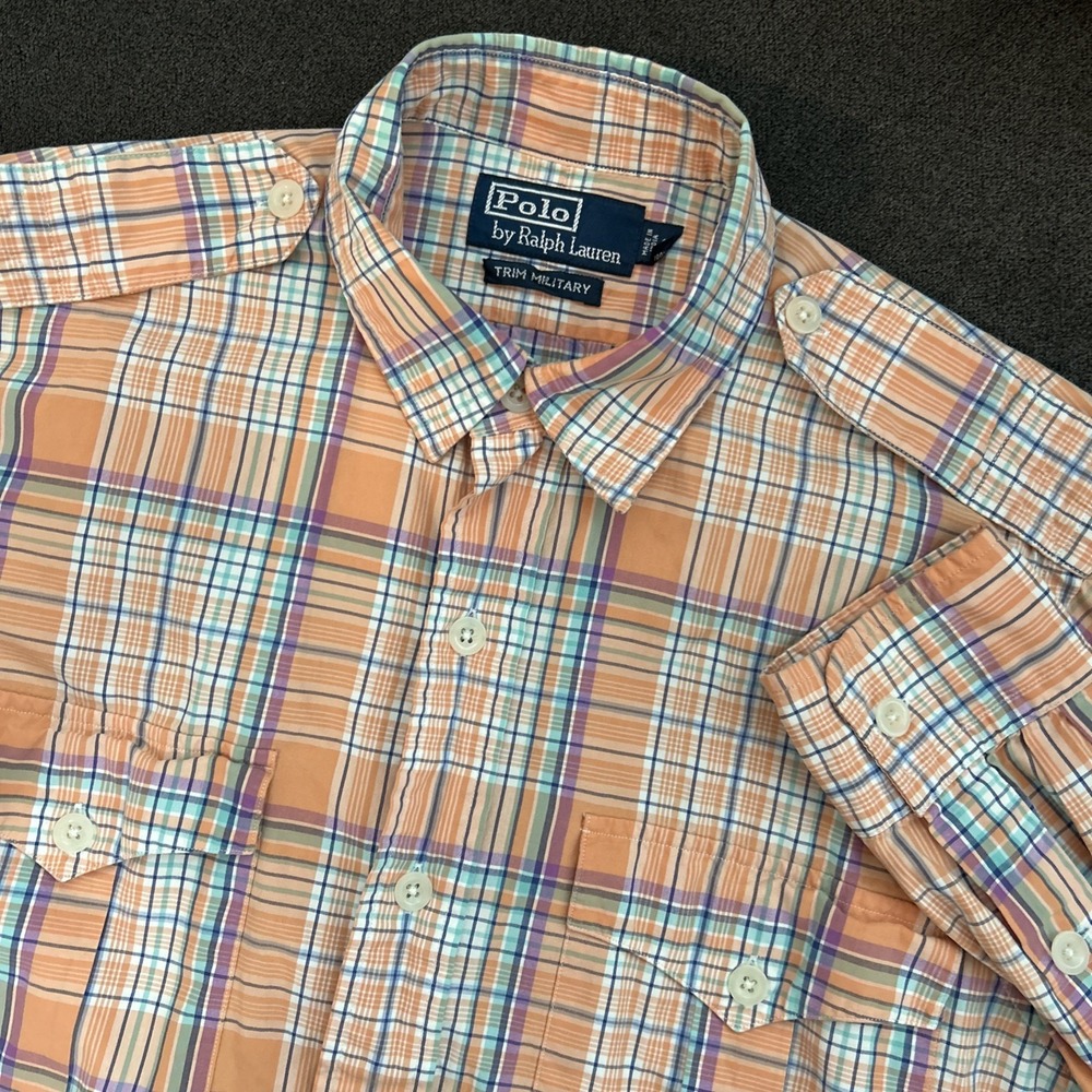 Polo by Ralph Lauren Trim Military Men's Small Orange Plaid Long Sleeve Button